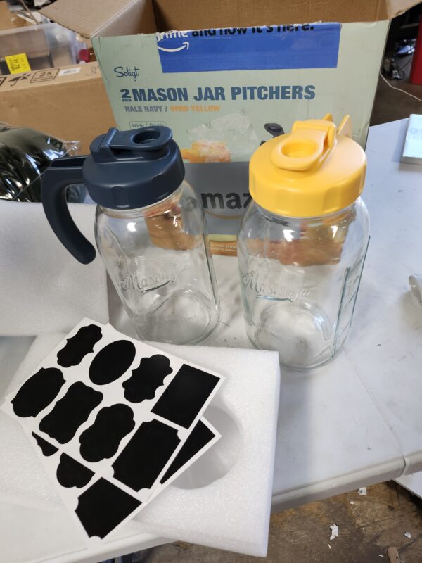 Soligt Glass Mason Jar Pitcher with Lid, Wide Mouth Flip Cap Pour Spout Leak-proof Lid with Handle, 64 oz (2 Quart / 1.9 Liter), for Sun Tea/Iced Tea/Juice/Cold Brew Coffee/Milk | EZ Auction