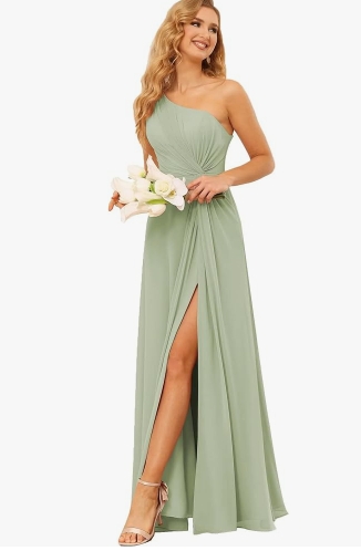 One Shoulder Bridesmaid Dresses with Slit Flowy Chiffon Long Formal ...