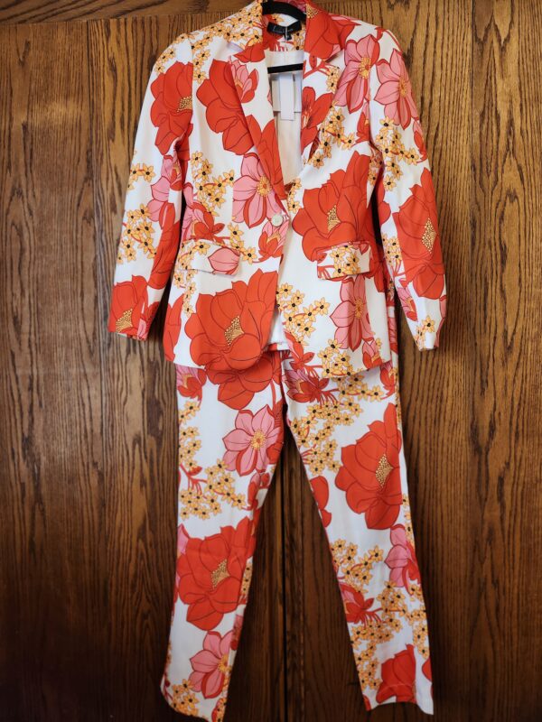 ***Size Medium***Autumn Winter Red Flower Print Pants Suits Women's Fashion Single Button Jackets + Pants Two Piece Set | EZ Auction