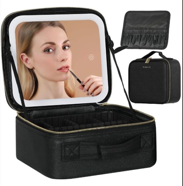 READ THE DESCRIPTION** Behaesty Travel Makeup Bag with LED Lighted Mirror, Cosmetic Makeup Organizer Bag with 3 Color Setting, Makeup Train Case with Adjustable Dividers for Women Makeup Brushes Jewelry Accessories | EZ Auction