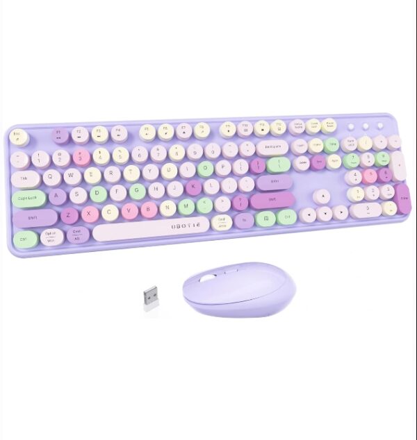 UBOTIE Colorful Computer Wireless Keyboard Mouse Combos, Typewriter Flexible Keys Office Full-Sized Keyboard, 2.4GHz Dropout-Free Connection and Optical Mouse (Purple-Colorful) | EZ Auction