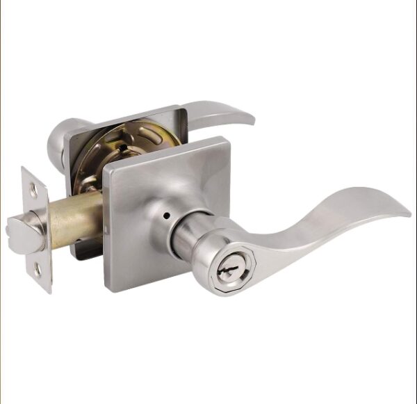 Probrico Keyed Entry Door Lever with Lock in Satin Nickel for Exterior Front Gate or Interior Doors Wave Shape Entrance Hardware Reversible for Right/Left Handed Sides, 1 Pack | EZ Auction