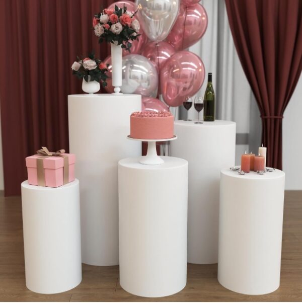 Large 5pcs Metal Durable Round Cylinder Stands for Party, Cylinder pedestal stands for parties, Pedestal stand for parties, TWO Pedestal Cylinder Sleeves Included, White Pedestal Stand, Durable | EZ Auction