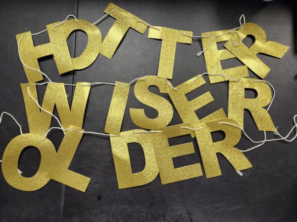 Pre-Strung Older Wiser Hotter Banner - NO DIY - Gold Glitter Happy Birthday Party Banner - Pre-Strung Garland on 8 ft Strands - Gold Birthday Party Decorations & Decor For Men & Women. Did we mention | EZ Auction