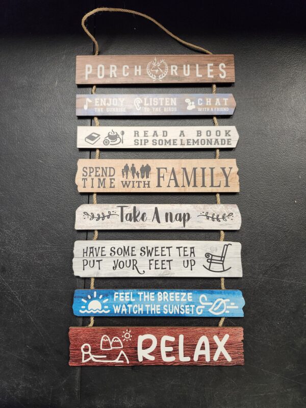 HLNIUC Porch Rules Porch Rules Wall Decor,Relax Sign Wooden Plaques,Inspirational Hanging kits,Family Positive Sayings Wall Art set of 8(19x12inch) Farmhouse Decor For Garden Yard Porch Home Decor | EZ Auction