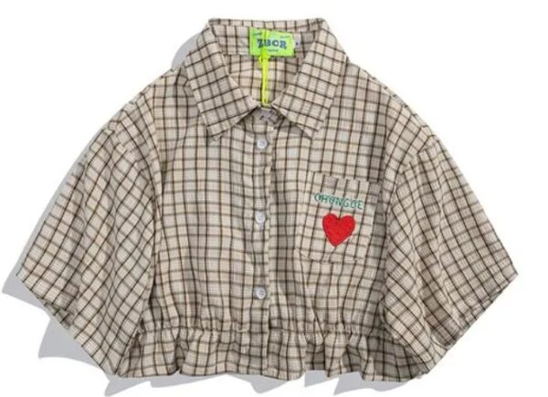 ***Adult XS***Short-Sleeve Plaid Heart Embroidered Crop Shirt | EZ Auction