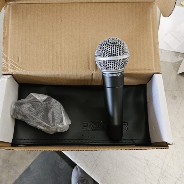 Shure SM58-LC Cardioid Dynamic Vocal Microphone with Pneumatic Shock Mount, Spherical Mesh Grille with Built-in Pop Filter, A25D Mic Clip, Storage Bag, 3-pin XLR Connector | EZ Auction