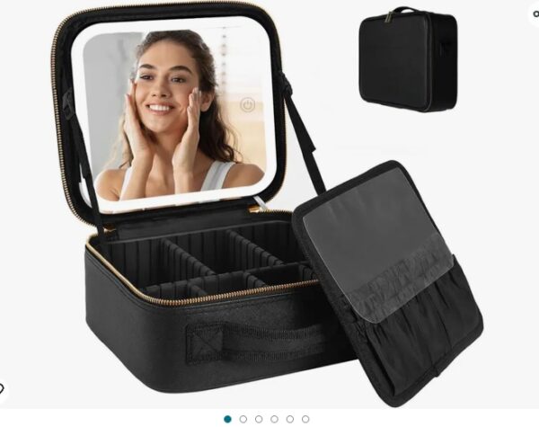 PuPLUM Travel Makeup Bag Cosmetic Bag Makeup Organizer Bag with Mirror, Make up Case of 3-color LED Lighted, Makeup Train Case with Adjustable Dividers and Brush Holder for Women and Girl (Black) | EZ Auction