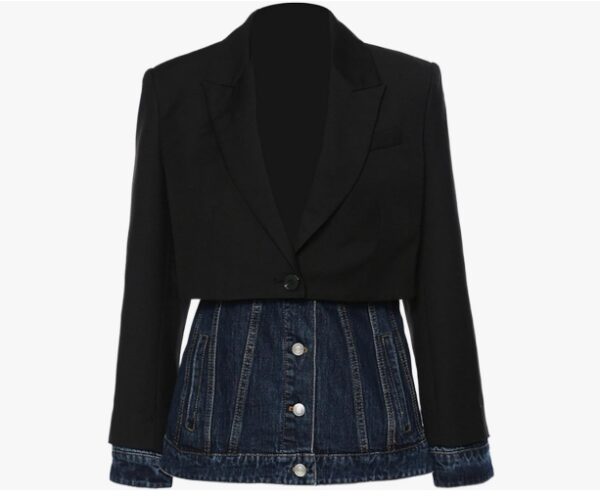 ***Size Small***Women Black Denim Spliced Long Blazer Lapel Long Sleeve Slight Strech Jacket | EZ Auction