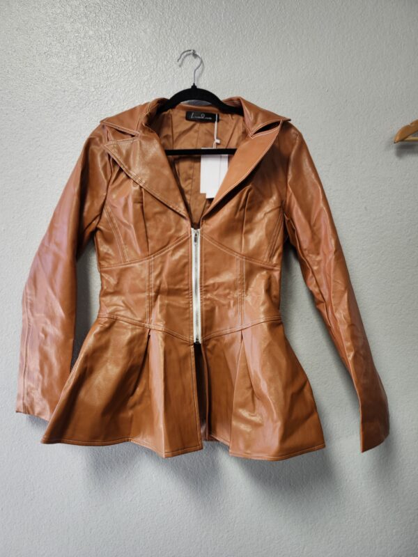 STYLISH RUFFLE DEEP V ZIP FRONT LAPEL LEATHER JACKET - COFFEE | EZ Auction