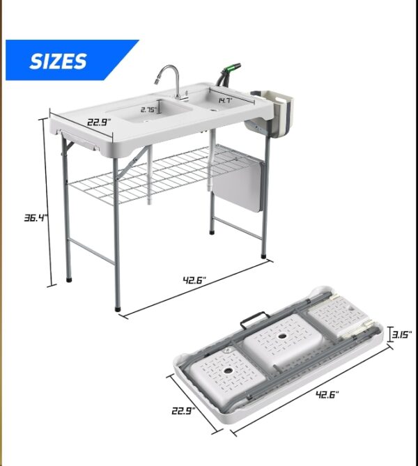 ERGMASTER Fish Cleaning Table with Sink 42.6" Width Portable Folding Camping Table with Measure Mark|Outdoor Fish Cleaning Station with Grid Rack&6pc Fish Cleaning Kit for Patio | EZ Auction