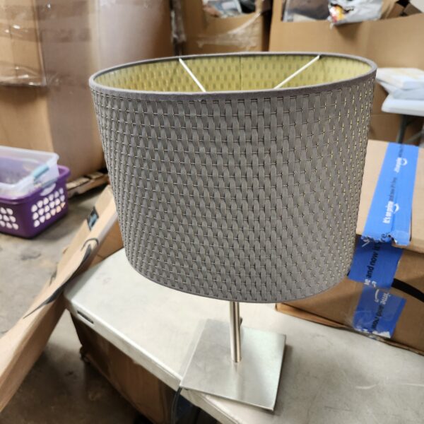 *** USED *** ***PHOTO FOR REFERENCE ONLY***Simple Designs LT1076-BND Tapered Fabric Drum Shade Table Lamp, Brushed Nickel and Polka Dot | EZ Auction