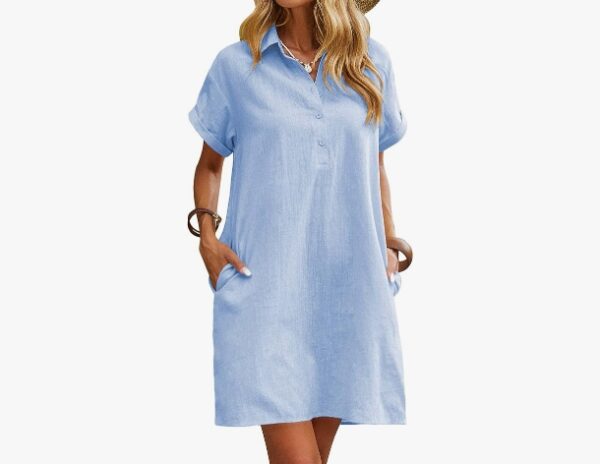 ***Looks Like A Size Medium***Zeagoo Womens Cotton Shirt Dress Summer Casual Short Sleeve Button Down Beach Cover Up Shirts with Pockets | EZ Auction