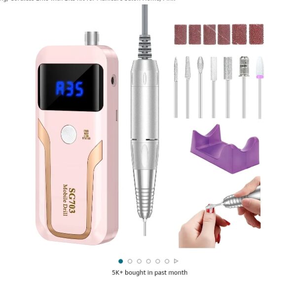 Portable Nail Drill Professional 35000 RPM, Rechargeable Electric Nail File Machine E File for Acrylic Nails Gel Polishing Removing, Cordless Efile with Bits Kit for Manicure Salon Home, Pink | EZ Auction