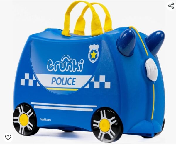 Trunki Ride-On Kids Suitcase | Tow-Along Toddler Luggage | Carry-On Cute Bag with Wheels | Airplane Travel Essentials: Percy Police Car Blue | EZ Auction