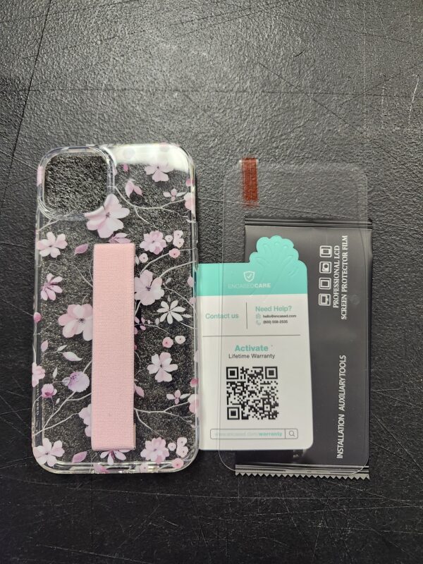 ENCASED Bando Series Designed for iPhone 14 Case with Hand Strap Grip and Screen Protector (Clear/Pink Flowers) | EZ Auction