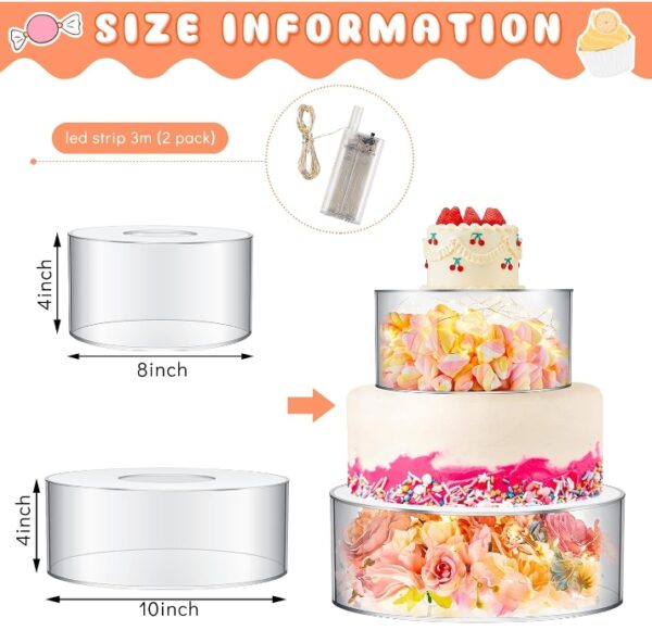 Sunnyray 2 Pcs Acrylic Cake Stands for Dessert Table Clear Fillable Cake Riser Cupcake Cake Tier with LED Strings for Birthday Wedding Holiday Party Display(8'', 10'') | EZ Auction