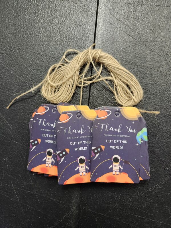 ***30 OUT OF 50***50pcs Outer Space Thank You Tags, Rocket Ship Gift Tag with String for Baby Shower Party, Thank You Paper Tags for Boy Birthday/Space Themed Party Favors | EZ Auction