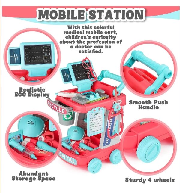 deAO Toy Doctor Kit for Kids Ages 3+, Pretend Play Medical Station Set, Toddlers Doctor Role Play Costume Dress Up Playset with Mobile Cart, Stethoscope and Thermometer, Medical Kit (Pink) | EZ Auction