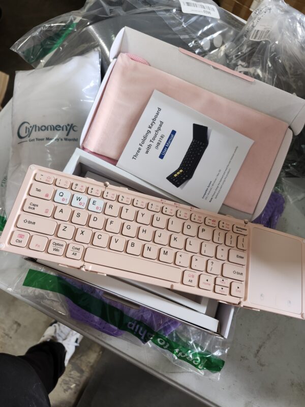 Foldable Bluetooth Keyboard, Wireless Portable Keyboard with Larger Touchpad, Pocket-Sized Pink Folding Keyboard for MacOS Android Windows iOS, Sync Up to 3 Devices (BT5.1 x 3) | EZ Auction