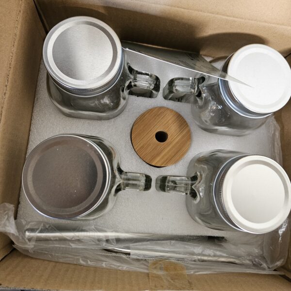 20oz Mason Jar Mug Set of 4 with Handles, Lids, Straws & Cleaning Brush - Overnight Oats & Iced Coffee Cups | EZ Auction