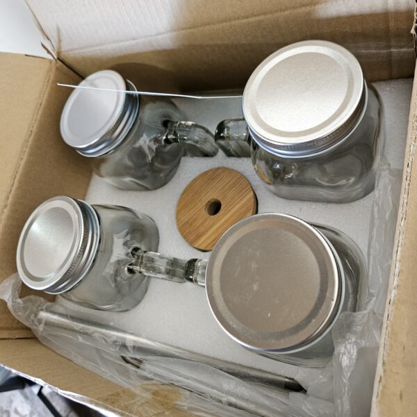 20oz Mason Jar Mug Set of 4 with Handles, Lids, Straws & Cleaning Brush - Overnight Oats & Iced Coffee Cups | EZ Auction