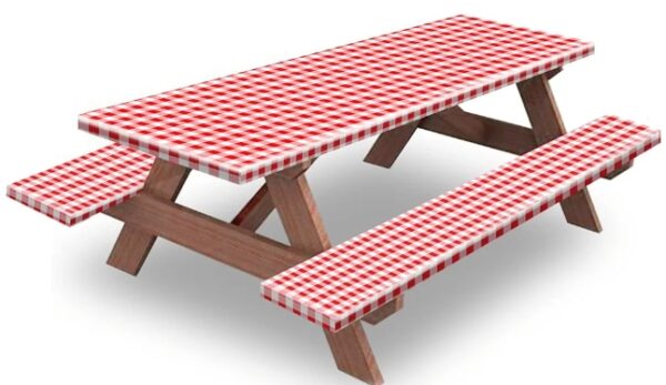 KENOBEE Picnic Table and Bench Fitted Tablecloth Cover, 3-Piece Set, Flannel Backing Elastic Edge Waterproof Wipeable Plastic Cover Vinyl Tablecloth for Home Goods Indoor Outdoor Patio, Red-White | EZ Auction