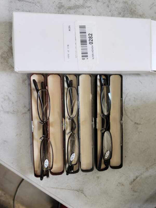 Small Reading Glasses Men Women 3 Pairs Slim Pocket Readers with Pen Clip Metal Case Spring Hinge (Black+Brown+Gun Colors,+2.5) | EZ Auction