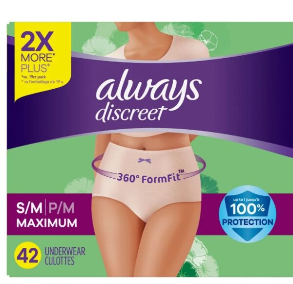 Always Discreet Adult Incontinence & Postpartum Underwear for Women, for Sensitive Skin, Size S/M, Maximum Plus Absorbency, Fragrance-Free, Disposable, 42 Count | EZ Auction