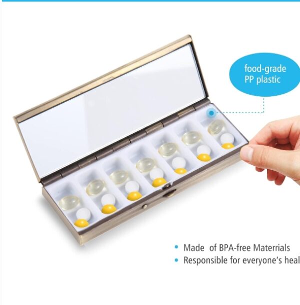 7 Day Pretty Mini Metal Pill Organizer Pill Box with Spring Open Design and 7 Compartment to Hold Vitamins Cod Liver Oil Supplements and Medication(Bronze) | EZ Auction