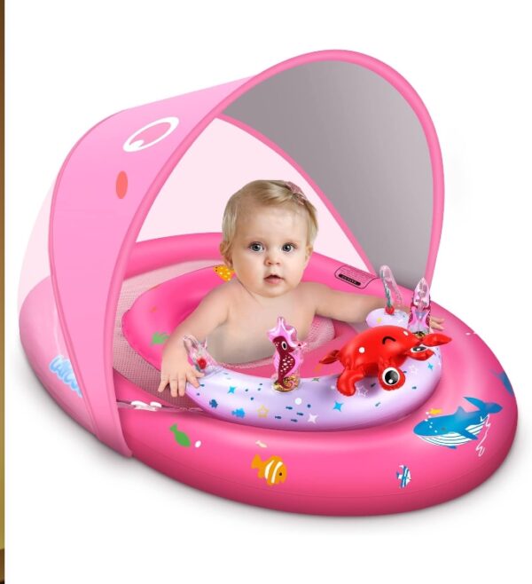 LAYCOL Baby Pool Float with UPF50+ Sun Protection Canopy & Toy Play Console，Infant Baby Floats for Pool，Adjustable Safety Seat，Toddler Pool Float for 3-36 Months | EZ Auction