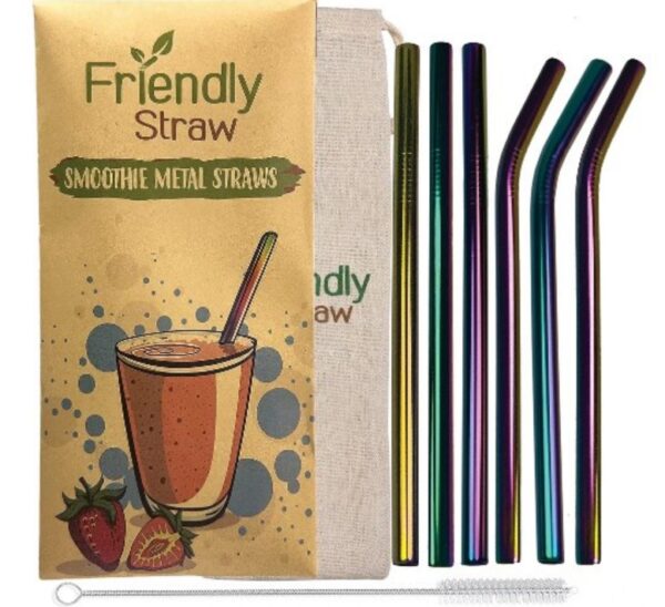 Friendly Straw 6 Pack 8.5" x .4" Smoothie Straws, 3 Straight 3 Elbow Stainless Steel Straws for Smoothies with Brushes and Pouch (Blended Finish) | EZ Auction