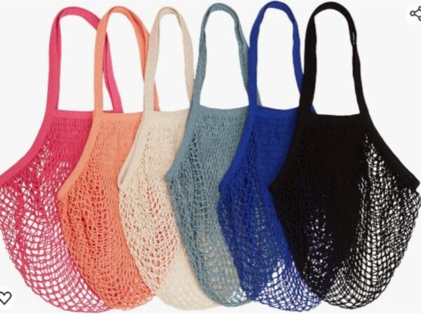 Pack of 6 Bailuoni Portable/Reusable/Washable Cotton Mesh String Organic Organizer Shopping Handbag Long Handle Net Tote(Grey Blue/Blue/Black/Beige/Pink/Red)(Multicolor) | EZ Auction