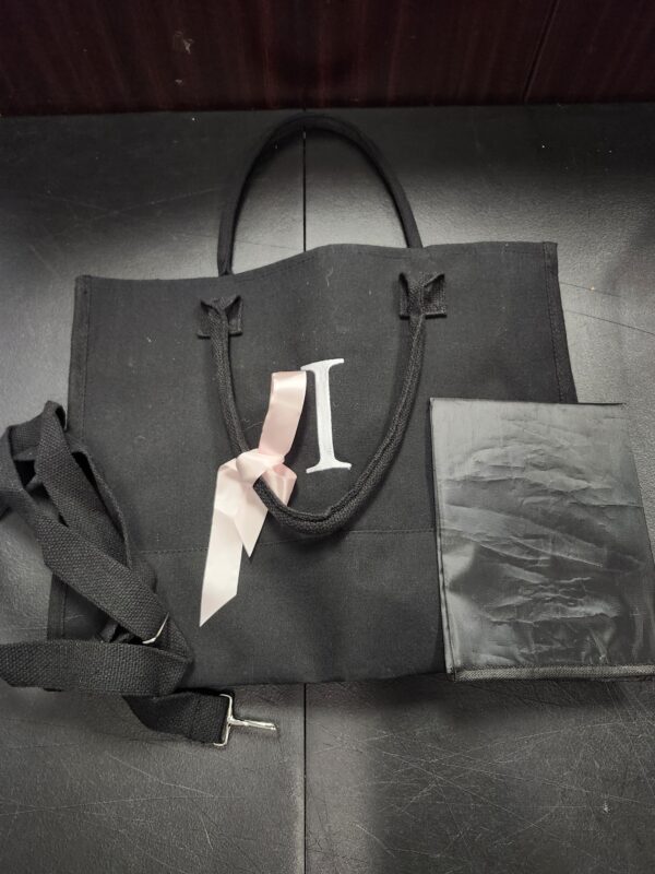 ***MISSING SMALL POUCH***QLOVEA Initial Black Canvas Tote Bag & Makeup Bag with Zipper Adjustable Strap, Personalized Present Bag for Women Birthday | EZ Auction