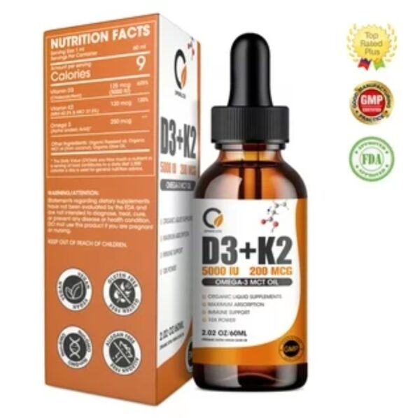 Vitamin D3 K2 Liquid Drops D3 5,000 IU + K2 MK-7 200mcg Max Absorption Immune Support for Kids and Adults | Vegan | Non-GMO | Gluten, Dairy, Soy Alcohol Free | 1 Oz | EZ Auction