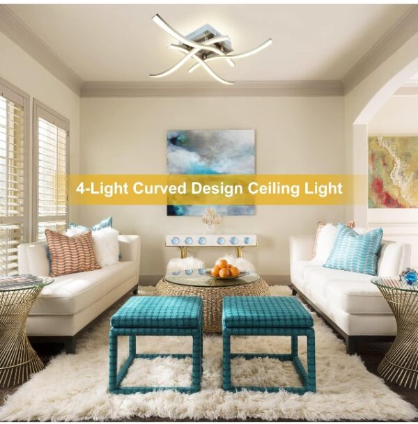 DLLT 4-Light Modern LED Ceiling Light, 18W Curved Design Ceiling Lamp Fixture Brushed Nickel, 3000K 1650LM Flush Mount Ceiling Lights for Kitchen/Hallway/Bedroom/Living Room, Warm Light… | EZ Auction