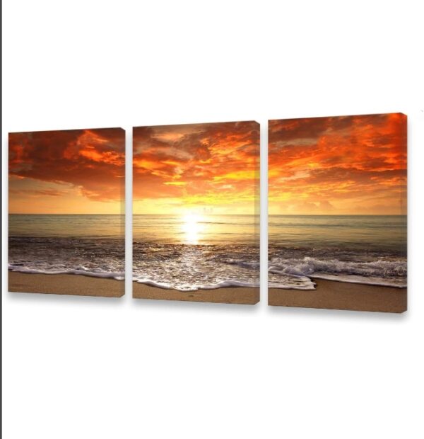 S0146 3 pieces Canvas Prints Wall Art Sunset Ocean Beach Pictures Photo Paintings for Living Room Bedroom Home Decorations Framed Seascape Waves Landscape Giclee Artwork 16x24inch x3pcs | EZ Auction