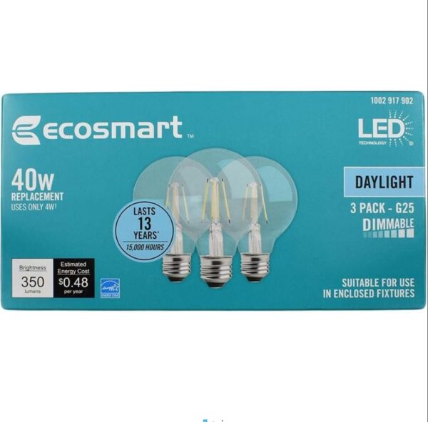 EcoSmart 40-Watt Equivalent G25 Globe Dimmable Energy Star Clear Glass Filament Vintage Style LED Light Bulb Daylight (3-Pack) | EZ Auction