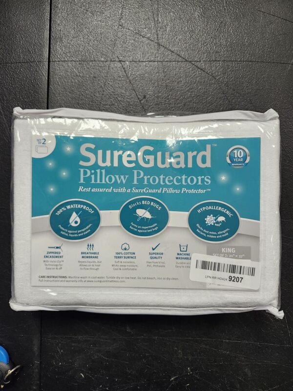 Set of 2 Standard Size SureGuard Pillow Protectors - 100% Waterproof, Bed Bug Proof, Hypoallergenic - Premium Zippered Cotton Terry Covers | EZ Auction