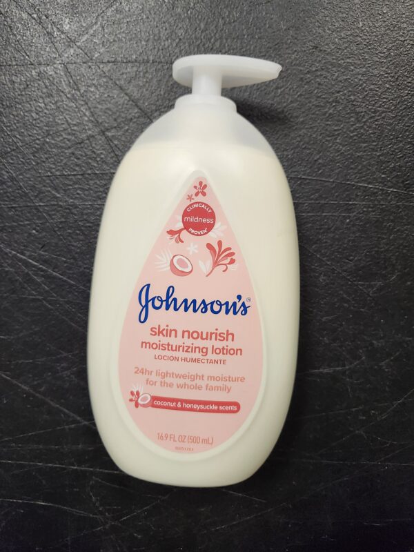 ***UNKNOWN EXPERATION***Johnson's Skin Nourish Moisturizing Baby Lotion for Dry Skin with Coconut & Honeysuckle Scents, Gentle, Lightweight Body Lotion for Babies, Kids & Adults, Hypoallergenic, 16.9 fl. oz | EZ Auction