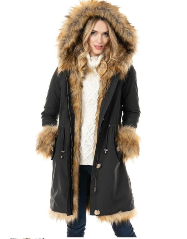 SIZE XXL, Donna Salyers Hooded Faux Fur-Lined Knee-Length Storm Coat | EZ Auction