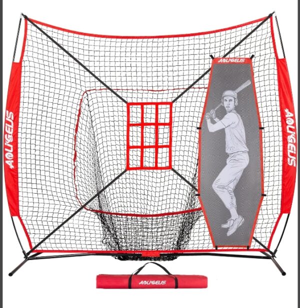 7'X7' Baseball Softball Practice Net,Pitching Net,Batting Net,with Baseball Tee,Bonus Strike Zone and Bow Frame,for Hitting,Pitching, Catching | EZ Auction