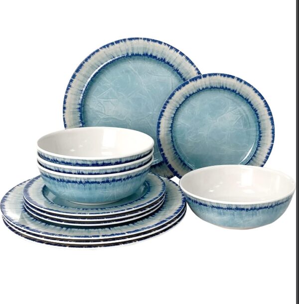 AELS Melamine Dinnerware Set of 12 Pcs Dinner Dishes Set for Indoor and Outdoor Use, Dishwasher Safe, Lightweight Unbreakable, BPA Free, Light Blue | EZ Auction