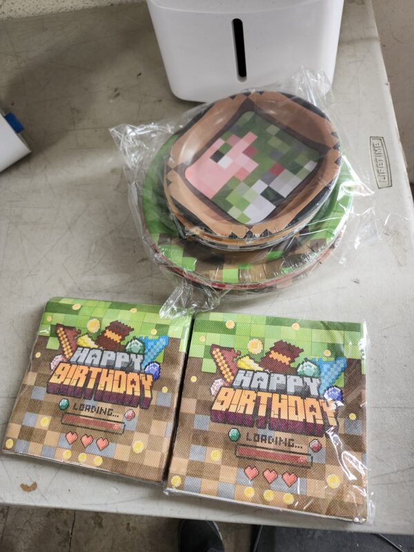 (ONLY PLATES AND TISSUES)Pixel Birthday Party Decorations Supplies for Minecraft Favors Kit, Featuring a Pixel Game Banner, Plates, Napkins, Cups, Tablecloth, Balloons, Forks, and Party Decor. | EZ Auction