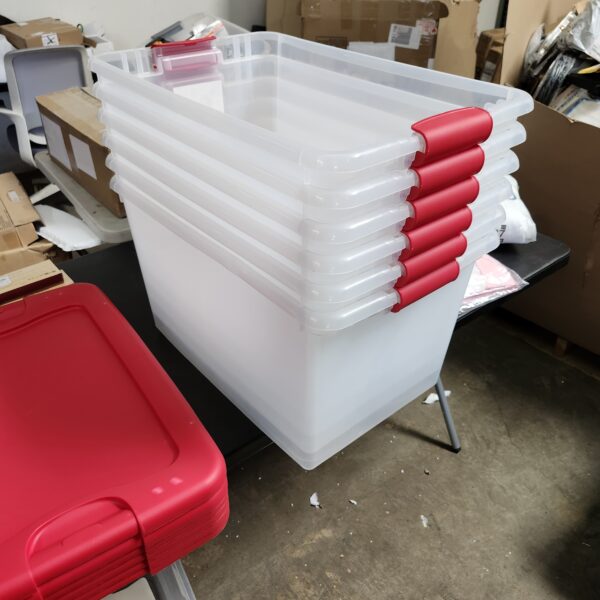 PACK OF 6 Sterilite 64 qt Clear/Red Latching Storage Box 13.5 in. H X 23.75 in. W X 16 in. D | EZ Auction