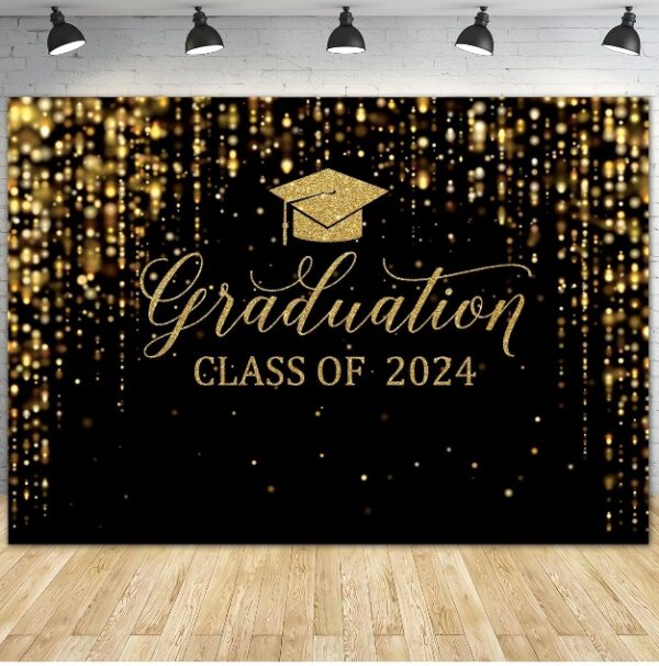 7x5ft Polyester Black Congrats Graduation Backdrop Class of 2024 Photography Background Gold Bachelor Cap Celebration Party Decorations Banner Picture Photo Booth | EZ Auction