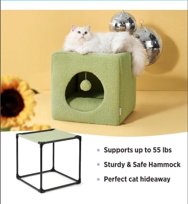 Lesure Cat Bed for Indoor Cats - Fluffy Large Cat House for Kitten and Small Pet, Enclosed Cat Cave with Removable Washable Sherpa Cover, Cute Cat Hideaway with Non-Slip Bottom, 16" x 16" x 16", Green | EZ Auction