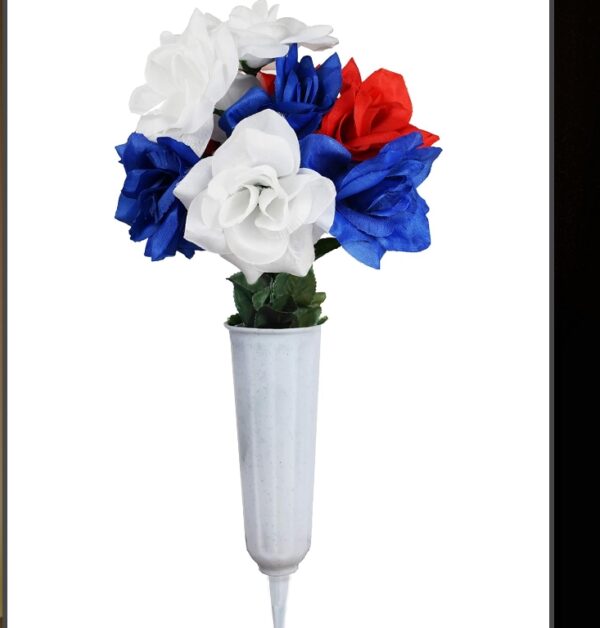 Patriotic Tea Rose Bouquets - White Cemetery Vases with Artificial Tea Rose Flowers - Red, White, and Blue Memorial Flowers | EZ Auction