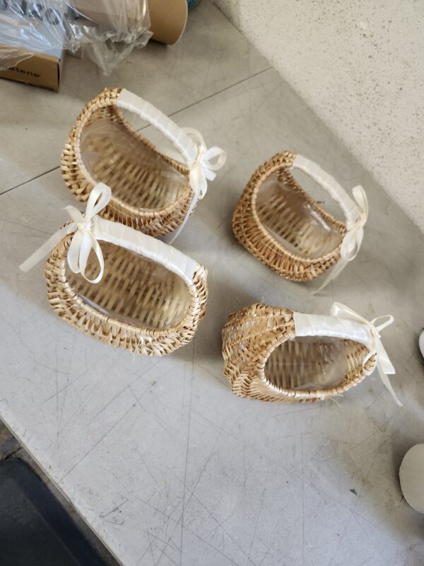 4PCS Flower Girl Baskets with Ribbon,Rattan Basket Half Moon Wicker Basket Willow Straw Basket,Hand-Held Flower Arrangement Basket for Home Party | EZ Auction