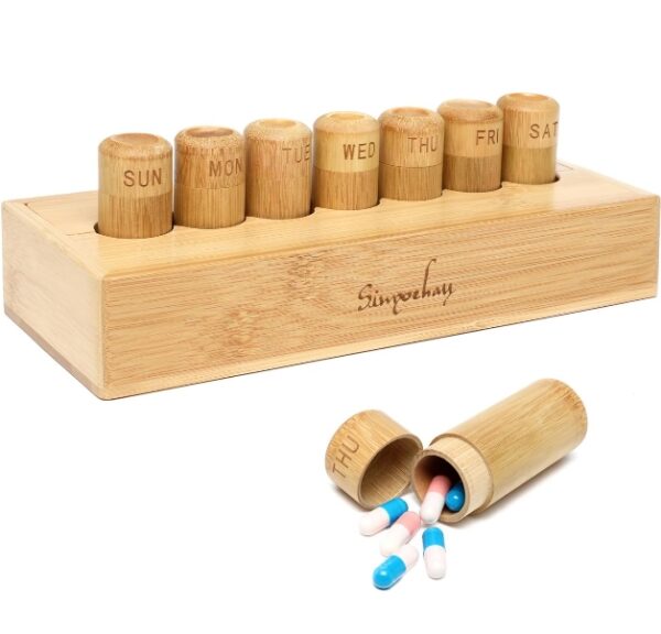 **ILLUSTRATIVE PHOTO ONLY*** Bamboo Weekly Pill Organizer,7 Tubes with Bamboo Box for Daily Pill Organizer,Eco-Friendly Design Pill Case for Vitamins, Pills and Supplements (Box) | EZ Auction